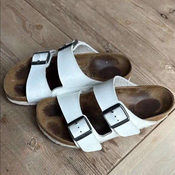Birkenstock White Double Strap Sandals with Silver Buckles - Picture 2 of 6